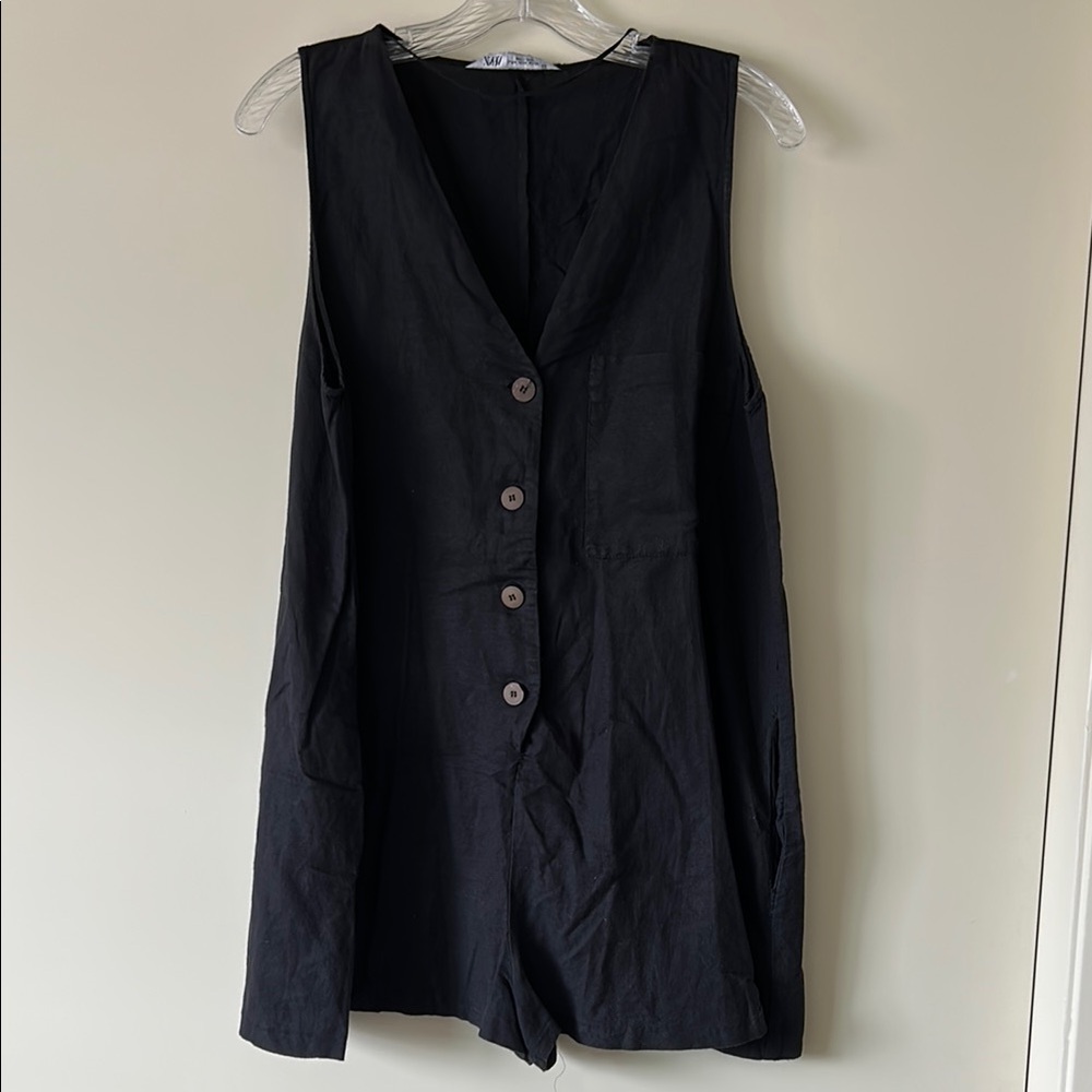 Zara Black Button-Down Sleeveless Romper with pockets
